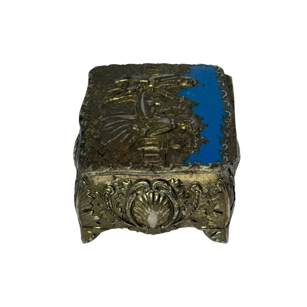 Vintage Repousse Metal Enamel Trinket Jewelry Box Courting Couple Made in  Japan